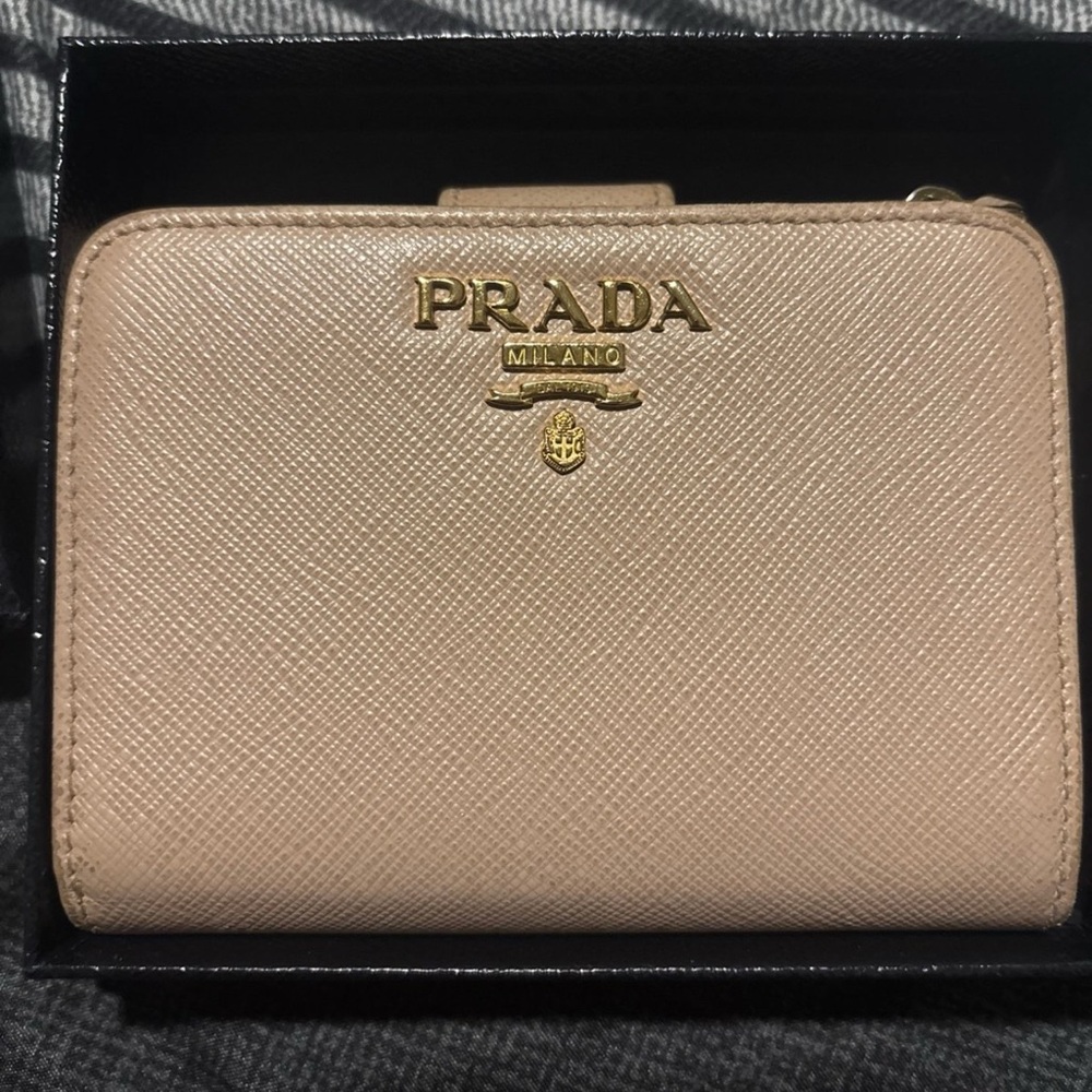 Prada Compact Light Tan Wallet with Gold Logo